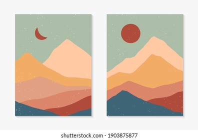 Set of creative abstract mountain landscape backgrounds.Mid century modern vector illustrations with  mountains or desert dunes; sky, sun or moon.Trendy contemporary design.Futuristic wall art decor.