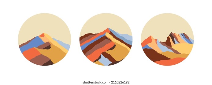 Set of creative abstract mountain landscape and mountain range backgrounds.Mid century modern vector illustrations with hand drawn mountains, desert.Trendy contemporary design.