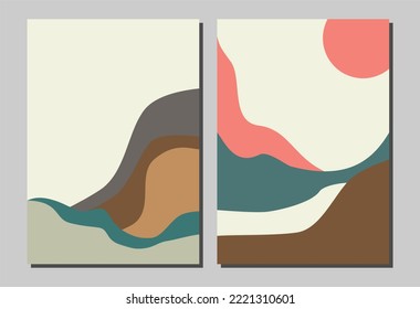Set of creative abstract mountain landscape and mountain range backgrounds.Mid century modern vector illustrations with hand drawn mountains,sea or lake,sky.Trendy contemporary design
