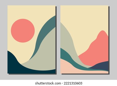 Set of creative abstract mountain landscape and mountain range backgrounds.Mid century modern vector illustrations with hand drawn mountains,sea or lake,sky.Trendy contemporary design