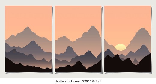 Set of creative abstract mountain landscape and mountain range backgrounds. Minimalist posters with gradient for print, canvas, wall arts, decoration.