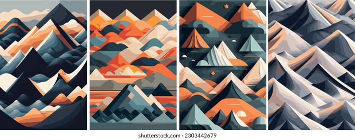 Set of creative abstract mountain landscape and mountain range backgrounds.Mid century modern vector illustrations with hand drawn mountains,sea or lake,sky,sun and moon.Trendy contemporary design.