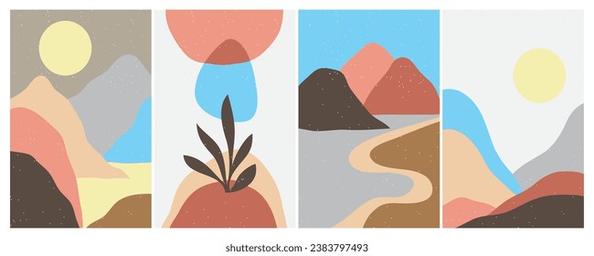 Set of creative abstract mountain landscape and mountain range backgrounds.Mid century modern vector illustrations with hand drawn mountains,sea or lake,sky,sun and moon.Trendy