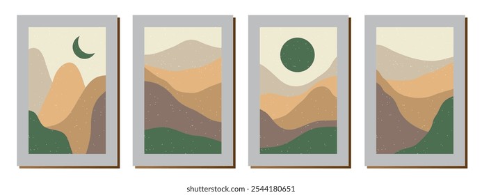 Set of creative abstract mountain landscape and mountain range backgrounds.Mid century modern vector illustrations with hand drawn mountains,sea or lake,sky,sun and moon.Trendy