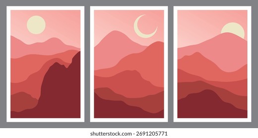 Conjunto de fondos de paisaje de montaña abstracto creativo y montañas. Ilustración vectorial moderna de mediados de siglo con montañas dibujadas a mano, cielo, sol y luna. De moda.