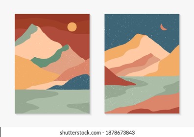 Set of creative abstract mountain landscapes backgrounds.Mid century modern vector illustrations with hand drawn mountains,sea,sky,sun,moon.Trendy contemporary design.Wall art decor.