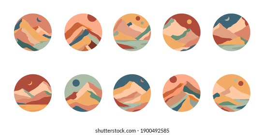 Set of creative abstract mountain landscapes and sand dunes round icons.Social media covers.Trevel blogger templates for stories.Vector illustrations with hand drawn mountains,sea,desert,sky,sun,moon.