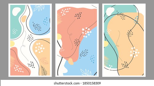 Set of creative abstract pastel hand painted illustrations for wall decoration, postcard or brochure cover design. Vector EPS10