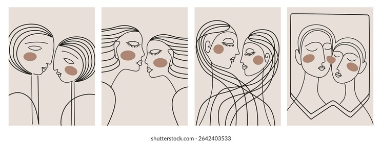 A set of creative abstract portraits. Vector icon of people. For postcards, tee print, wallart, posters, covers, packaging, web, social media story design, cosmetics, beauty salon.