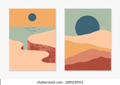 Set of creative abstract rocky mountain landscape backgrounds.Mid century modern vector illustrations with cliffed coast,sand dunes,sky and sun.Trendy contemporary design.Futuristic wall art decor