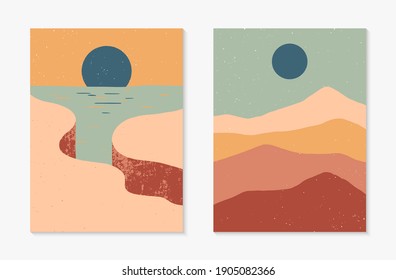 Set of creative abstract rocky mountain landscape backgrounds.Mid century modern vector illustrations with cliffed coast,sand dunes,sky and sun.Trendy contemporary design.Futuristic wall art decor