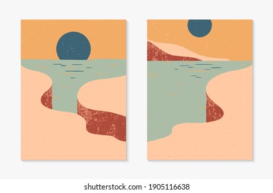 Set von kreativen abstrakten Berglandschaften.Moderne Vektorgrafiken des Mittelalters mit handgezeichneter Küste, Himmel und Sonne.Modernes Design.Futuristische Wandkunst-Dekoration