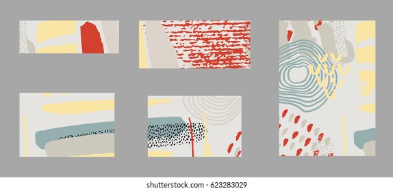 Set of creative abstract vector art cards in pastel colors. Hand drawn textures. Birthday, anniversary, Valentin’s day, party invitations, wedding, covers.
