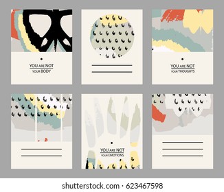 Set of creative abstract vector art cards or posters. Hand drawn textures. Birthday, anniversary, Valentin’s day, party invitations, wedding, covers.
