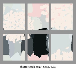 Set of creative abstract vector art cards or posters in pastel colors. Hand drawn textures. Birthday, anniversary, Valentin’s day, party invitations, wedding, covers.
