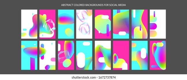 Set Creative acid vibrant vibrant color backgrounds for social media. Abstract blue green pink yellow elements on white background. Vector template modern design. Eps 10.