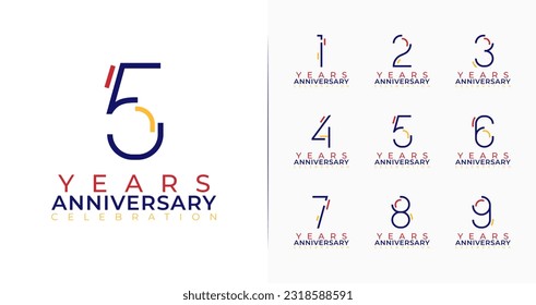 Set of creative anniversary logo. 1, 2, 3, 4, 5, 6, 7, 8, 9, birthday symbol collections. Celebration number with minimal and colorful concept