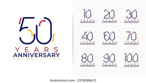 Set of creative anniversary logo. 10, 20, 30, 40, 50, 60, 70, 80, 90, 100, birthday symbol collections. Celebration number with minimal and colorful concept