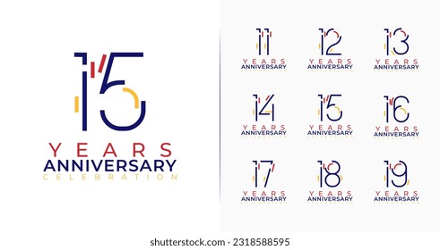 Set of creative anniversary logo. 11, 12, 13, 14, 15, 16, 17, 18, 19, birthday symbol collections. Celebration number with minimal and colorful concept