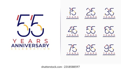 Set of creative anniversary logo. 15, 25, 35, 45, 55, 65, 75, 85, 95, birthday symbol collections. Celebration number with minimal and colorful concept