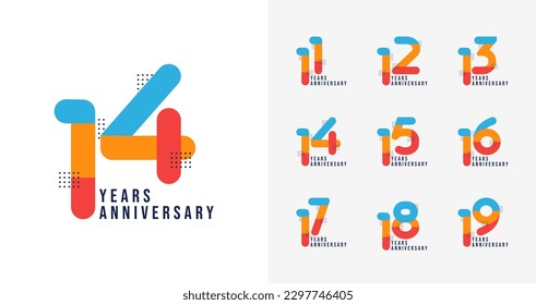 Set of creative anniversary logo. Anniversary number with colorful shape concept. Geometric birthday celebration vector template