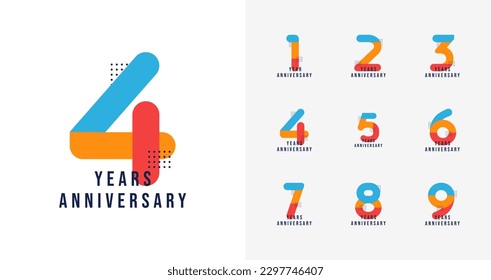 Set of creative anniversary logo. Anniversary number with colorful shape concept. Geometric birthday celebration vector template