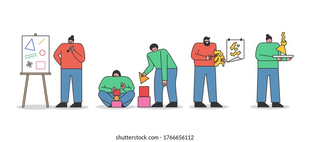 Set of creative arstists creating abstract artworks. People painting, glueing, making figures and sculptures. Abstract creativity and imagination development concept. Cartoon vector illustration