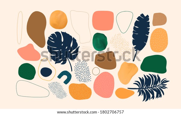 Set of Creative art elements with\
natural simple hand painted shapes and exotic leaves, monstera.\
Modern wall art, decoration, cover, brochure\
design.