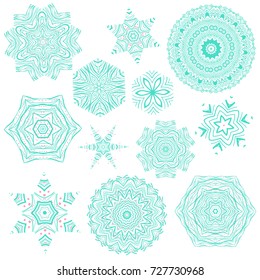 Set of creative and artistic blue and pink mandalas isolated on white background. Collection of mehendi tattoo designs. Beautiful and creative floral ornaments. Abstract decorative snowflakes. 