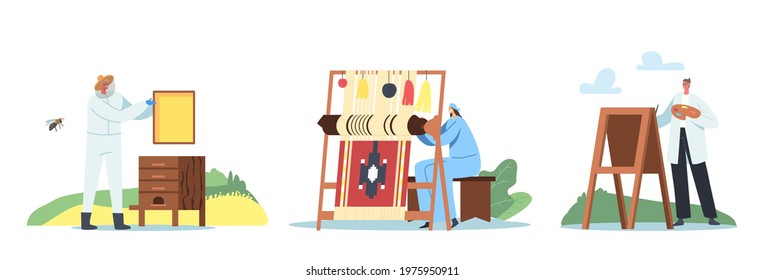 Set Creative Artistic Hobbies Theme. Male and Female Characters Painting, Extract Honey and Apiary Production, Weaving Rug on Loom Isolated on White Background. Cartoon People Vector Illustration