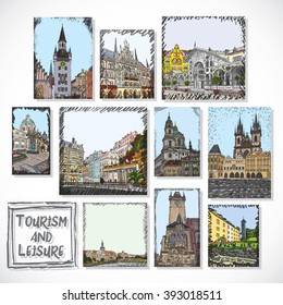 Set of creative artistic invitations and collectible chocolate packaging. Hand drawn ink vacation and travel invite cards or flyers with calligraphic drawings. Czech Republic, Germany architecture.