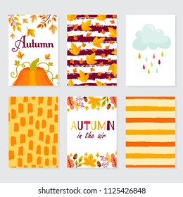 Set creative autumn cards. Hand Drawn textures and brush lettering. Design for poster, card, invitation, brochure, flyer. Vector templates.