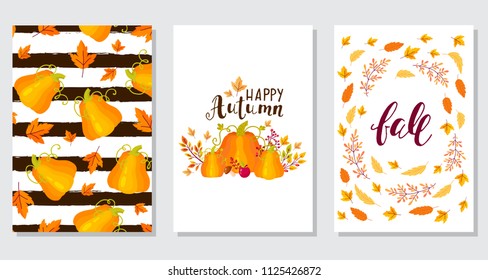 Set creative autumn cards. Hand Drawn textures and brush lettering. Design for poster, card, invitation, brochure, flyer. Vector templates.