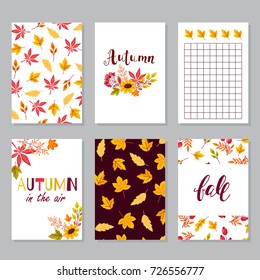 Set creative autumn cards. Hand Drawn textures and brush lettering. Design for poster, card, invitation, brochure, flyer. Vector templates.