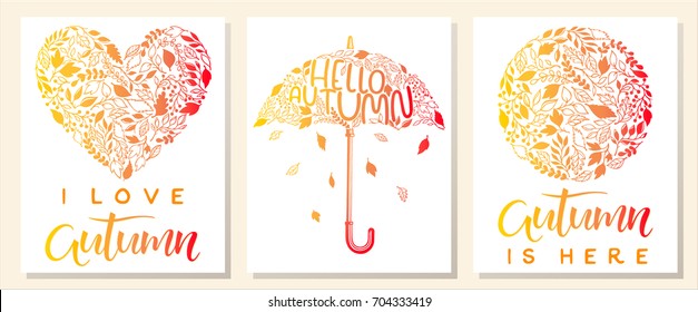 Set of creative autumn cards.Hand painted lettering with leaves in fall colors.Seasons greetings cards perfect for prints,flyers,banners,invitations,special offers and more.Vector autumn illustration.