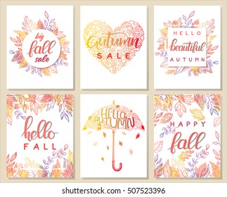 Set of creative autumn sale cards. Hand painted lettering with stylized leaves in fall colors. Design for sale and special offer.Perfect for posters, cards, prints, special offers, flyers and more.