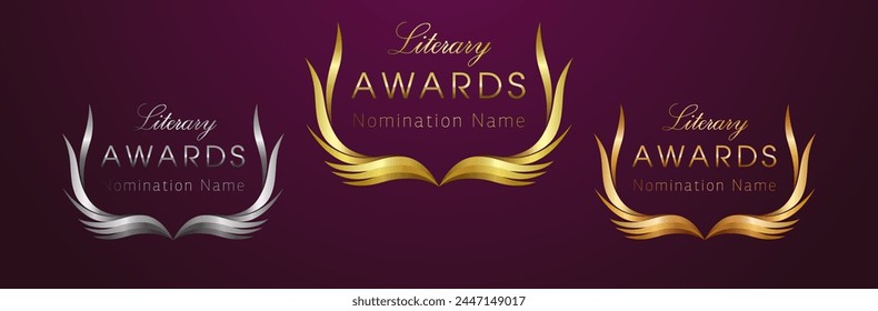 Conjunto de premios creativos. Elementos de oro, plata y bronce. Concepto de premio literario o artístico. Corona moderna. Recompensa digital. Diseño aislado. Concepto de logotipo de premio con degradado brillante metálico. Ser premiado.