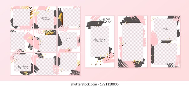 Set of creative backgrounds for social media posts, banners. Blog, shop stylish abstract puzzle template with abstract hand drawn shapes, textures.