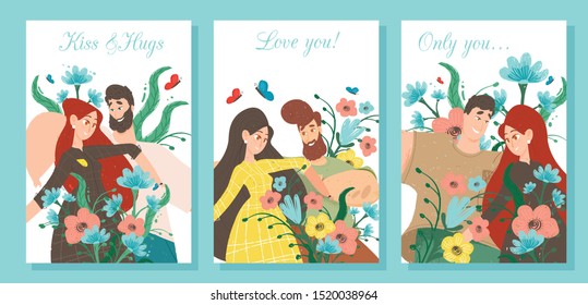Set Creative Banners for Loving Couple. Man and Woman in Love on Colorful Background with Vibrant Flowers. Valentines Day, Summer Time Dating, Romantiс Relations. Cartoon Flat Vector Illustration