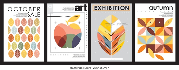 Conjunto de pancartas y afiches creativos para la venta, promoción o exhibición de temporada. Ilustración vectorial con elementos naturales deja plantas y frutos. Cobertura abstracta y colección de folletos.