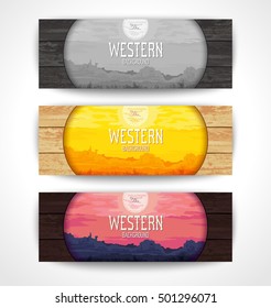 Set of creative banners with Western scenery in the style of pop art. Vector illustration