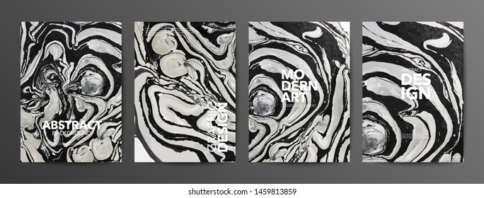 Set of creative black and silver marble cards. Vector hand drawn textures made with special ink. Fluid art background. Applicable for design cover, posters, presentation, invitation, flyer.