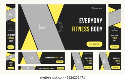 Set of creative body fitness web banner template design for social media posts, polygonal vector shape eps file format, fully customizable banner template design