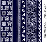 Set of creative bohemian borders. Damask seamless pattern, leaves stripe, gypsy and ethnic motifs, fantasy doodles. Boho textile collection. White on dark blue.