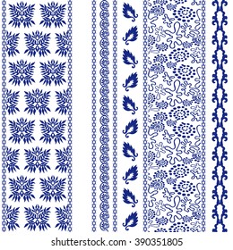 Set of creative bohemian borders. Damask seamless pattern, leaves stripe, gypsy and ethnic motifs, fantasy doodles. Boho textile collection. Dark blue on white.