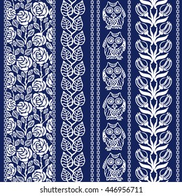 Set of creative bohemian borders. Roses seamless pattern, leaves print. Gypsy and ethnic motifs. Retro textile collection. White on dark blue.