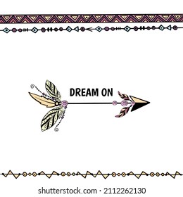 Set of creative Boho style Frames mady by Ethnic. Feathers, Arrows and Floral Elements with space for your text on background. Vector illustration