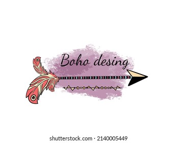 Set of creative Boho style Frames mady by Ethnic. Feathers, Arrows and Floral Elements with space for your text on background. Vector illustration. On a watercolor background