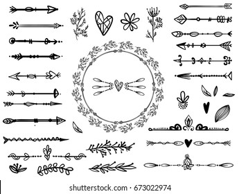 Set of creative boho style frames mady by ethnic feathers arrows and floral elements with space