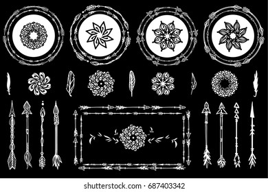 Set of creative boho style frames mady by ethnic feathers arrows and floral elements with space 